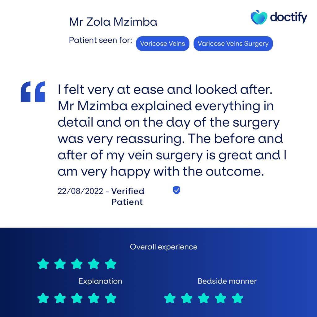 I felt very at ease and looked after. Mr Mzimba explained everything in detail and on the day of the surgery was very reassuring. The before and after of my vein surgery is great and I am very happy with the outcome.