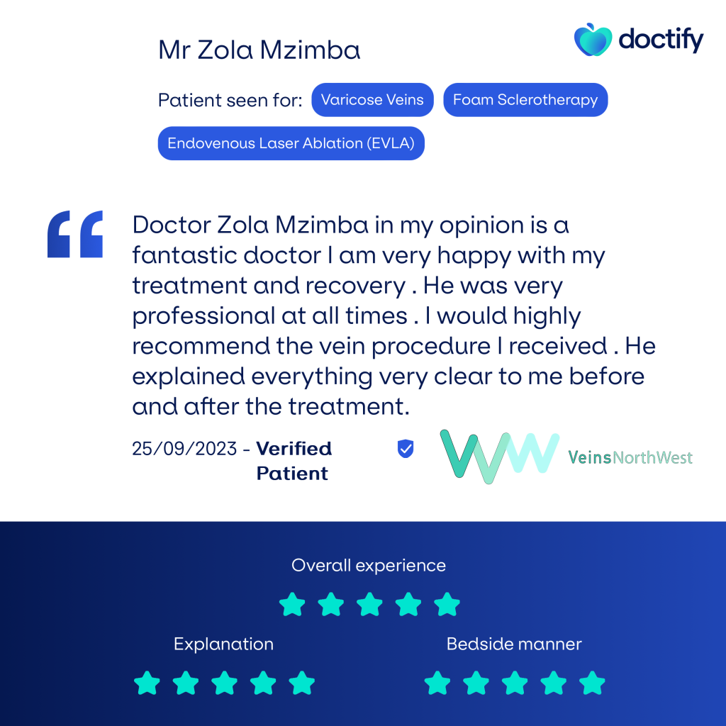 Doctor Zola Mzimba in my opinion is a fantastic doctor I am very happy with my treatment and recovery . He was very professional at all times . I would highly recommend the vein procedure I received . He explained everything very clear to me before and after the treatment.